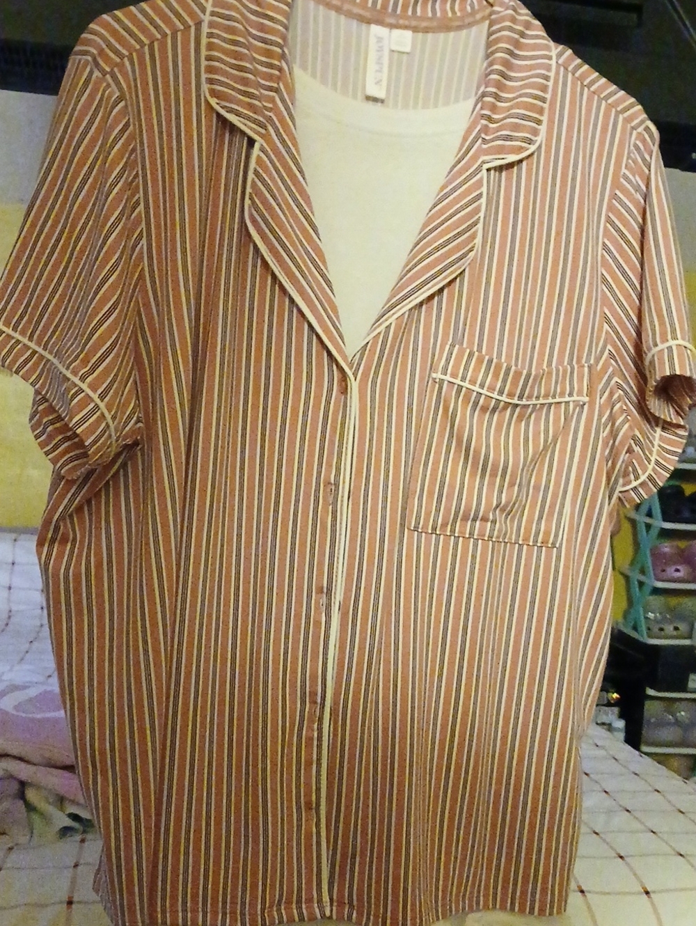 Striped Short-Sleeve Short Set (Button Up)Rust&Cream Color